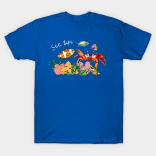 seabed with red crab, algae and fish T-Shirt